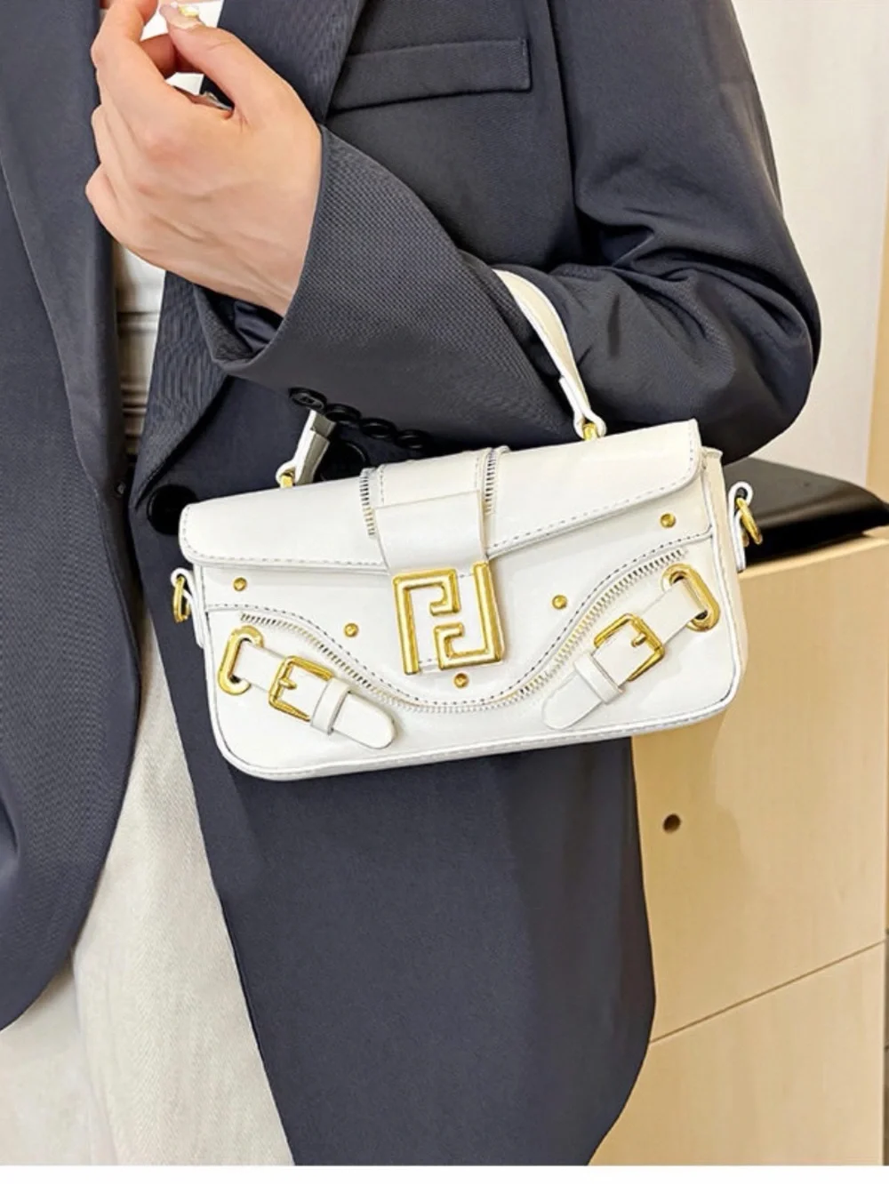 A Classy Chic Boutique White Top-Handle Satchel with Gold Hardware